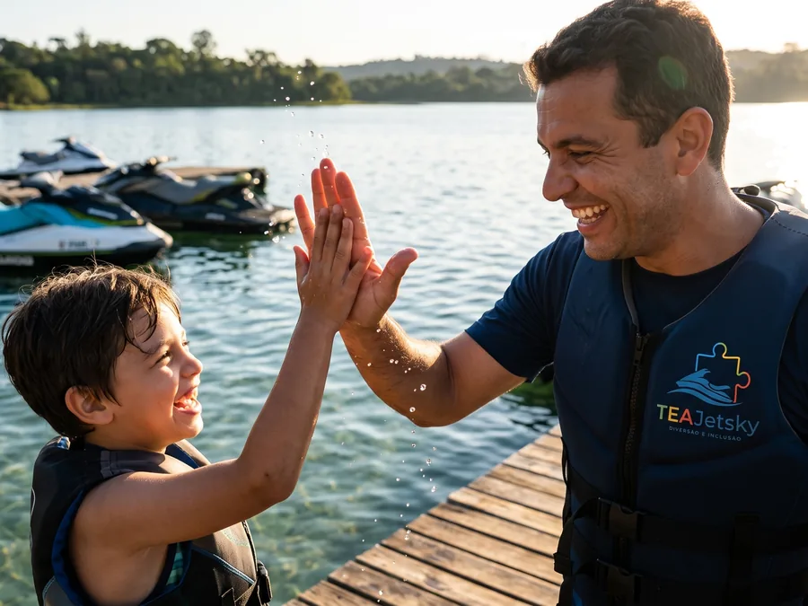 Instrutor e criança de colete salva-vidas comemoram com um toque de mãos no píer, com jet skis ao fundo.