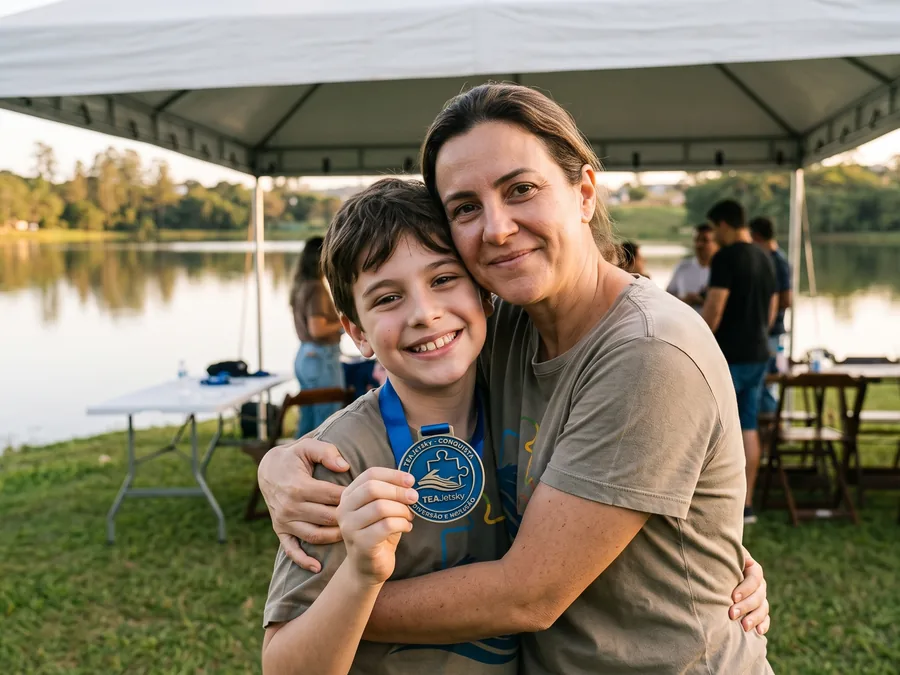 Mãe abraça o filho, que segura uma medalha de participação do TEAJetsky, à beira do lago.