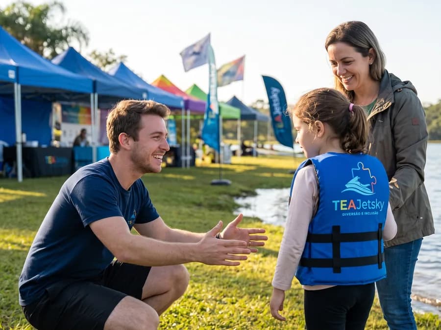 Monitora recebe uma menina na chegada ao evento, agachada à altura dela.